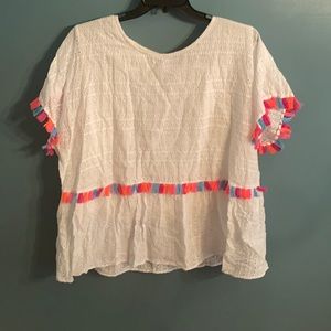 White blouse with multi color tassel